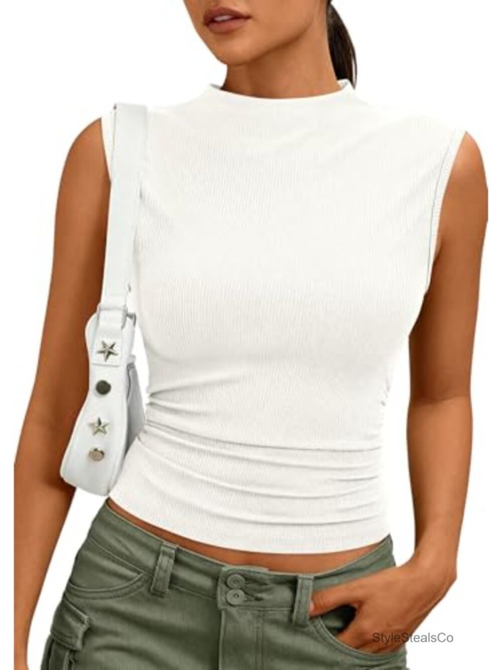 Women's Sleeveless Mock Neck Ribbed Knit Tank Top Slim Fit Summer Basic